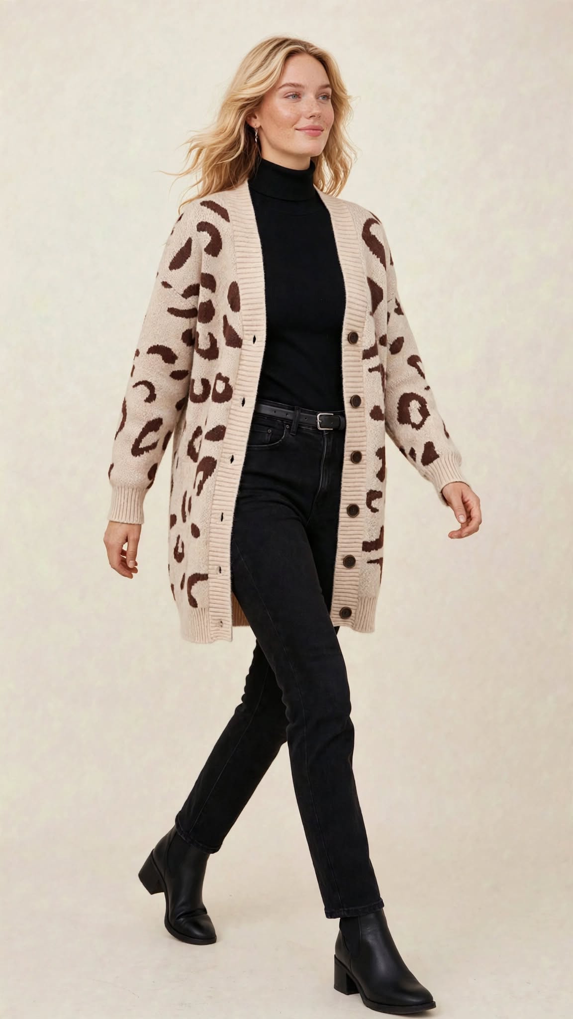 Gilet Long Oversize en Maille à Motif Léopard et Boutons Contrastants