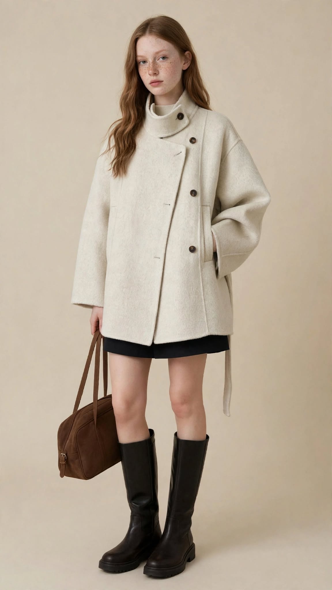 Veste Courte en Laine Coupe Trapèze à Col Montant Asymétrique