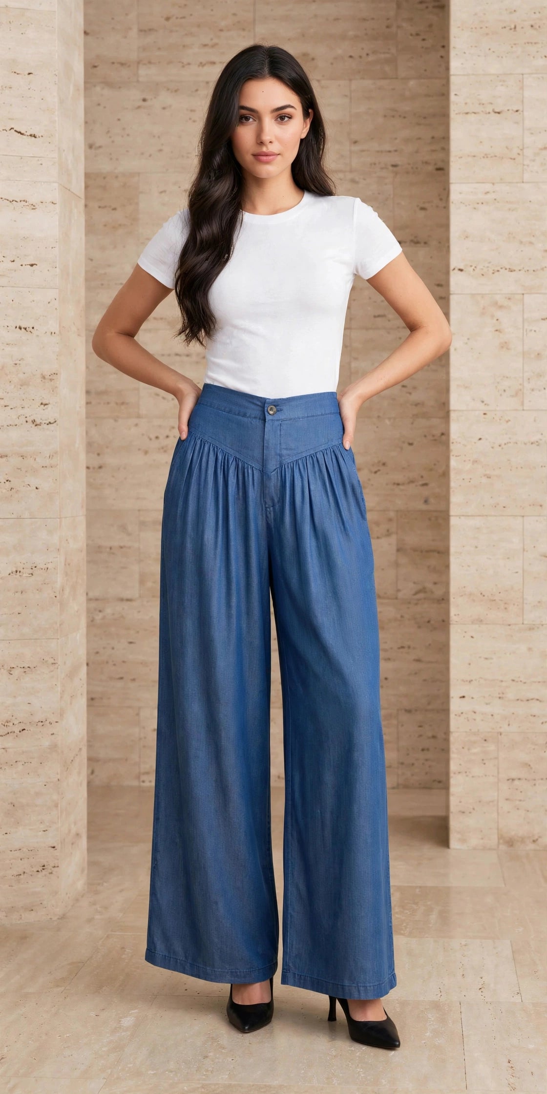 Pantalon large rayé à taille haute esprit casual