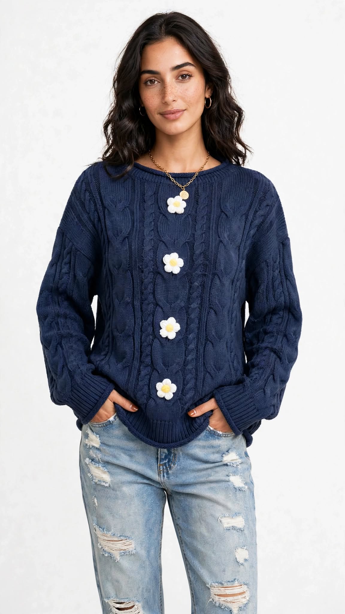 Pull en Maille Torsadée avec Fleurs en Relief