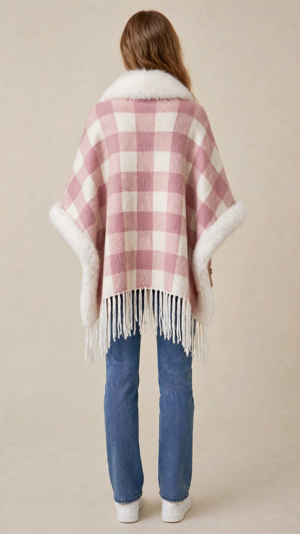 Cape Poncho à Carreaux avec Col en Fausse Fourrure & Franges