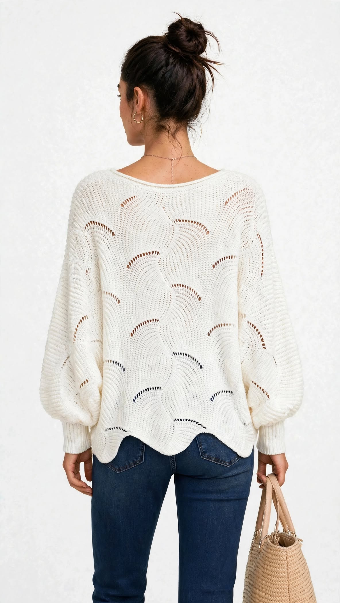 Pull Oversize en Maille Ajourée à Manches Ballon