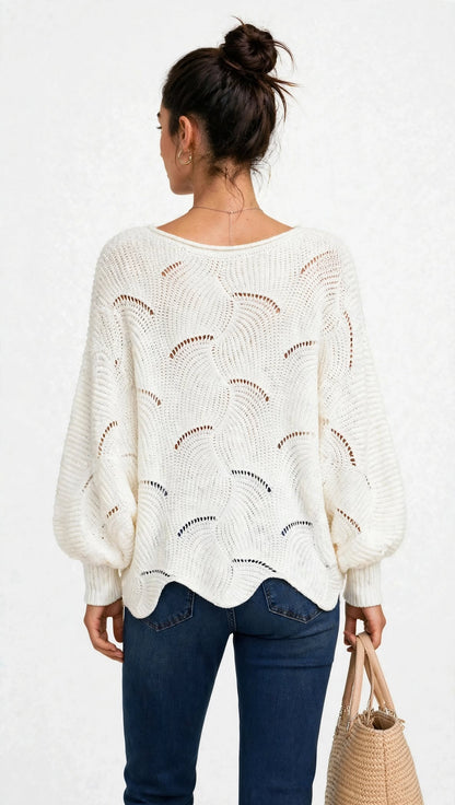 Pull Oversize en Maille Ajourée à Manches Ballon
