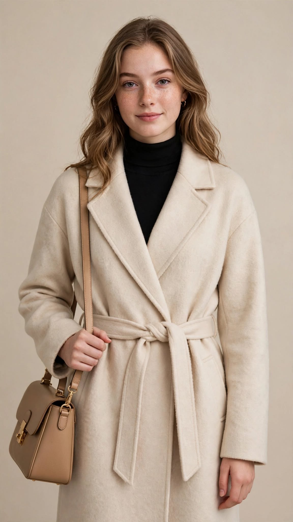 Manteau Mi-Long Ceinturé en Laine avec Grand Col Revers Élégant