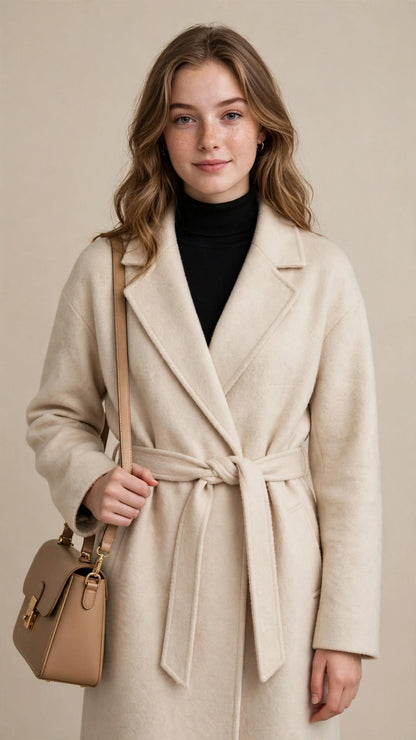 Manteau Mi-Long Ceinturé en Laine avec Grand Col Revers Élégant
