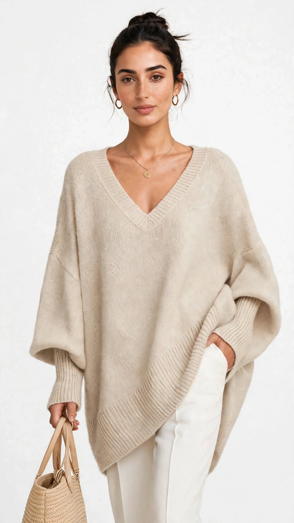 Pull Ample en Maille à Col V Évasé
