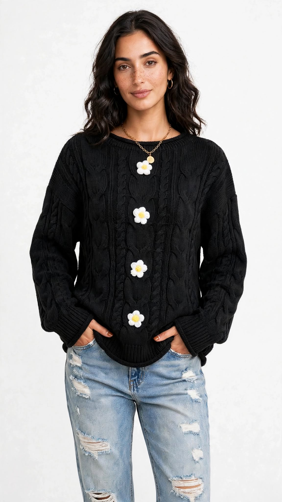 Pull en Maille Torsadée avec Fleurs en Relief