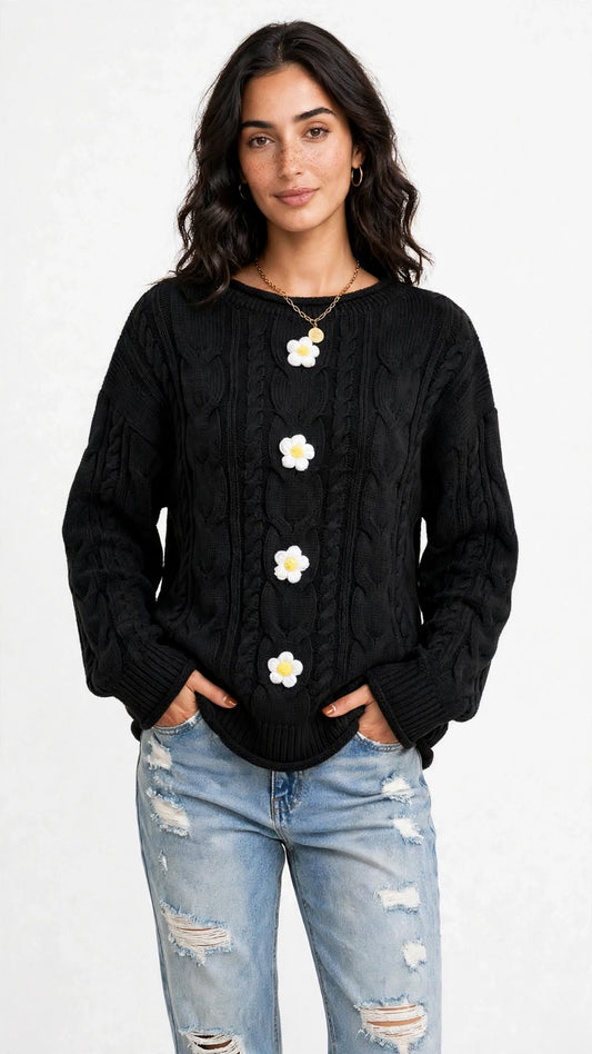 Pull en Maille Torsadée avec Fleurs en Relief