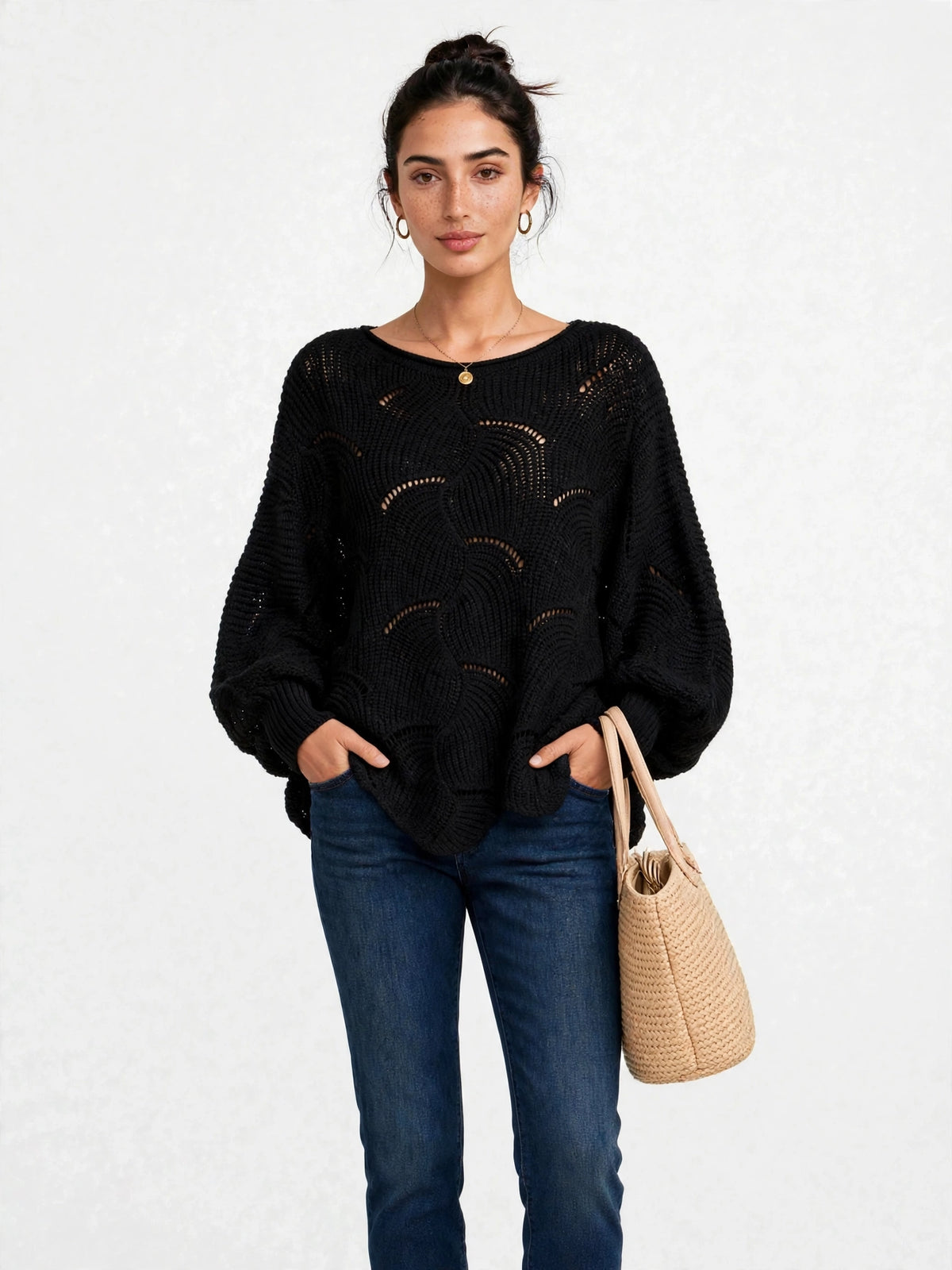 Pull Oversize en Maille Ajourée à Manches Ballon