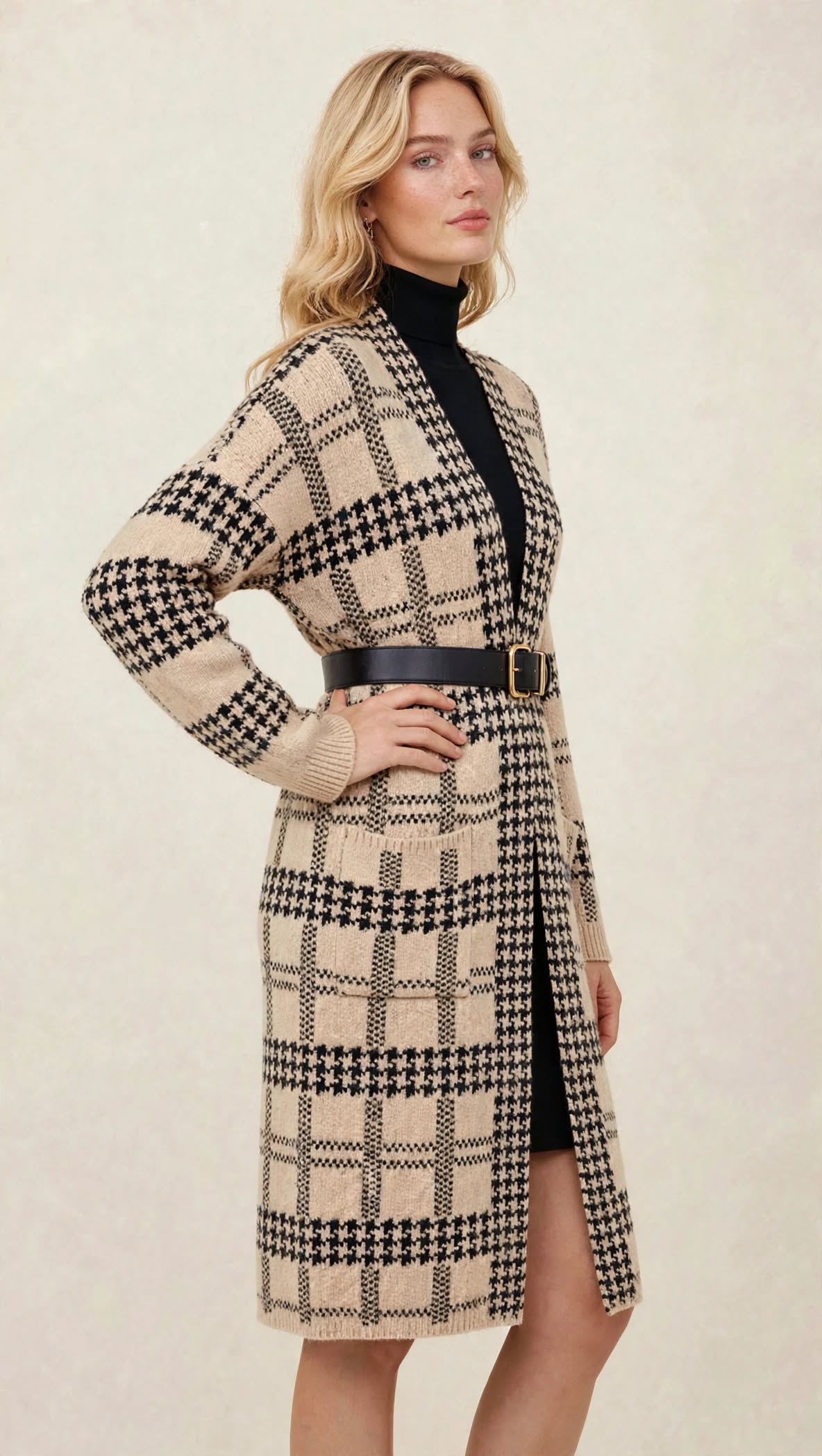 Gilet Long en Maille à Motif Géométrique et Poches Plaquées