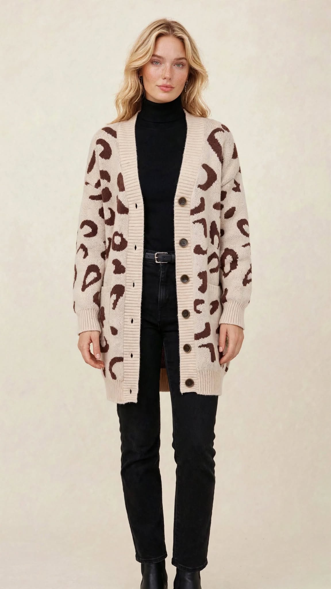 Gilet Long Oversize en Maille à Motif Léopard et Boutons Contrastants