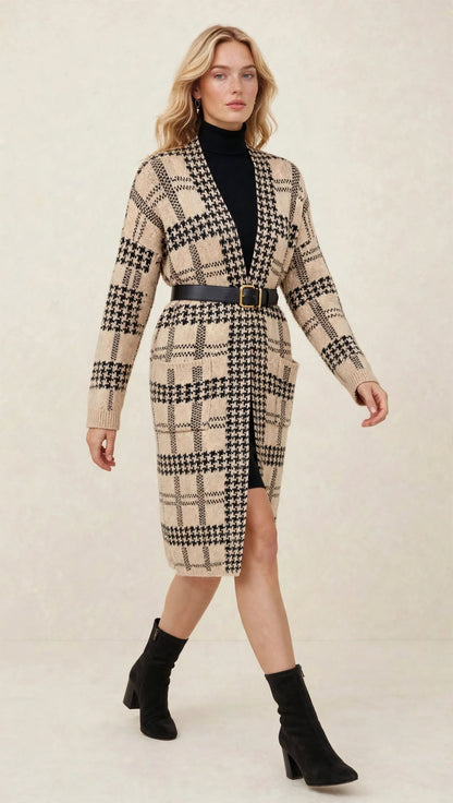 Gilet Long en Maille à Motif Géométrique et Poches Plaquées