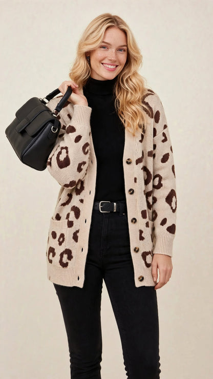 Gilet Long Oversize en Maille à Motif Léopard et Boutons Contrastants