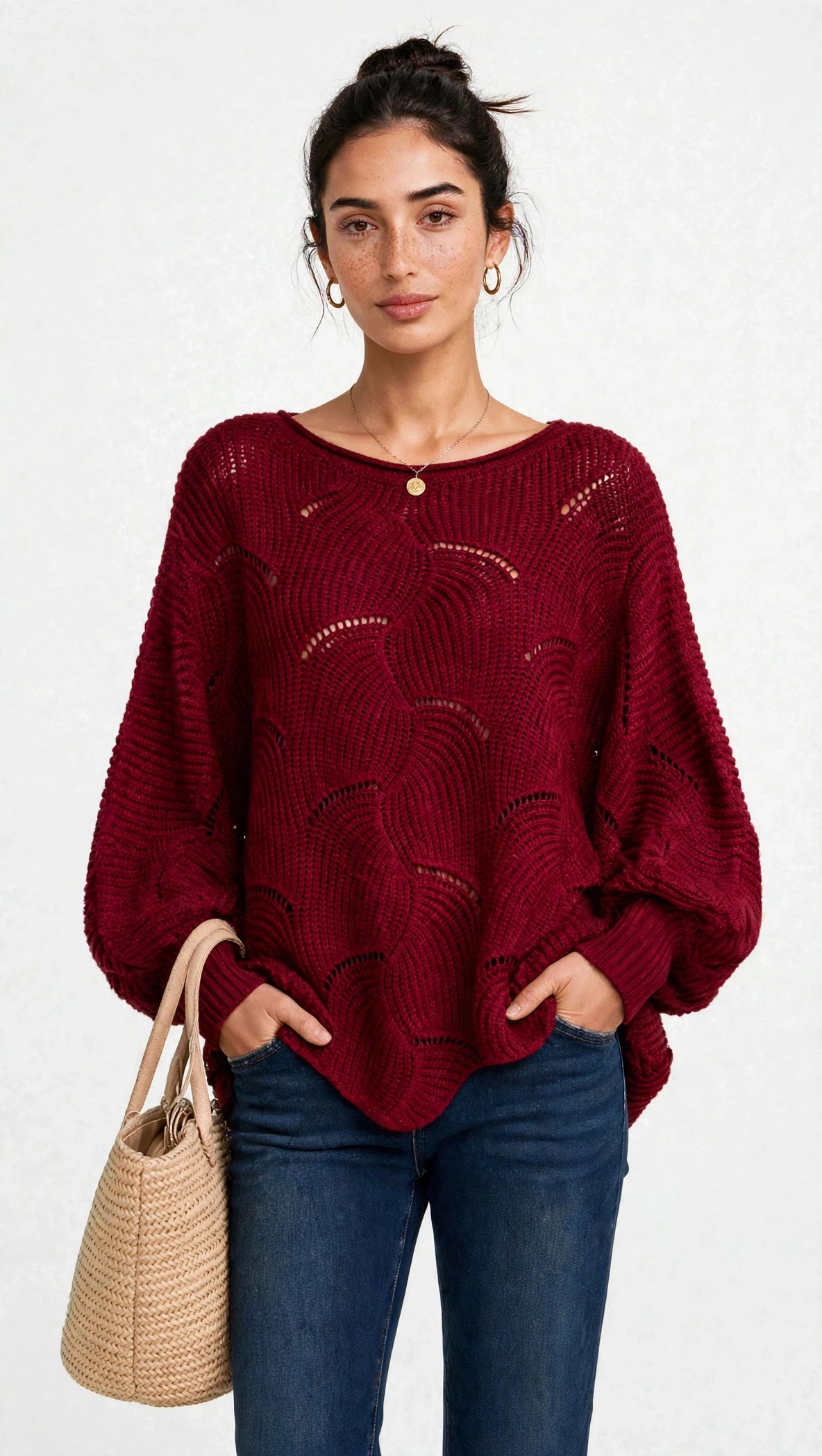 Pull Oversize en Maille Ajourée à Manches Ballon