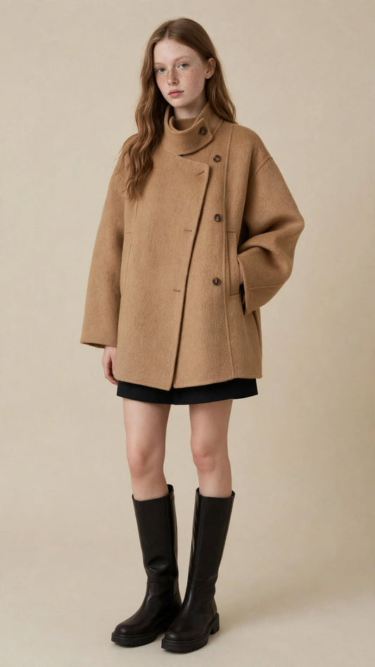 Veste Courte en Laine Coupe Trapèze à Col Montant Asymétrique