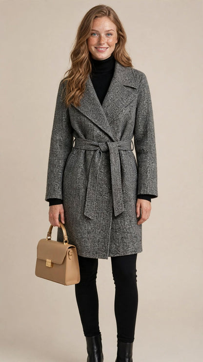 Manteau Mi-Long Ceinturé en Laine avec Grand Col Revers Élégant