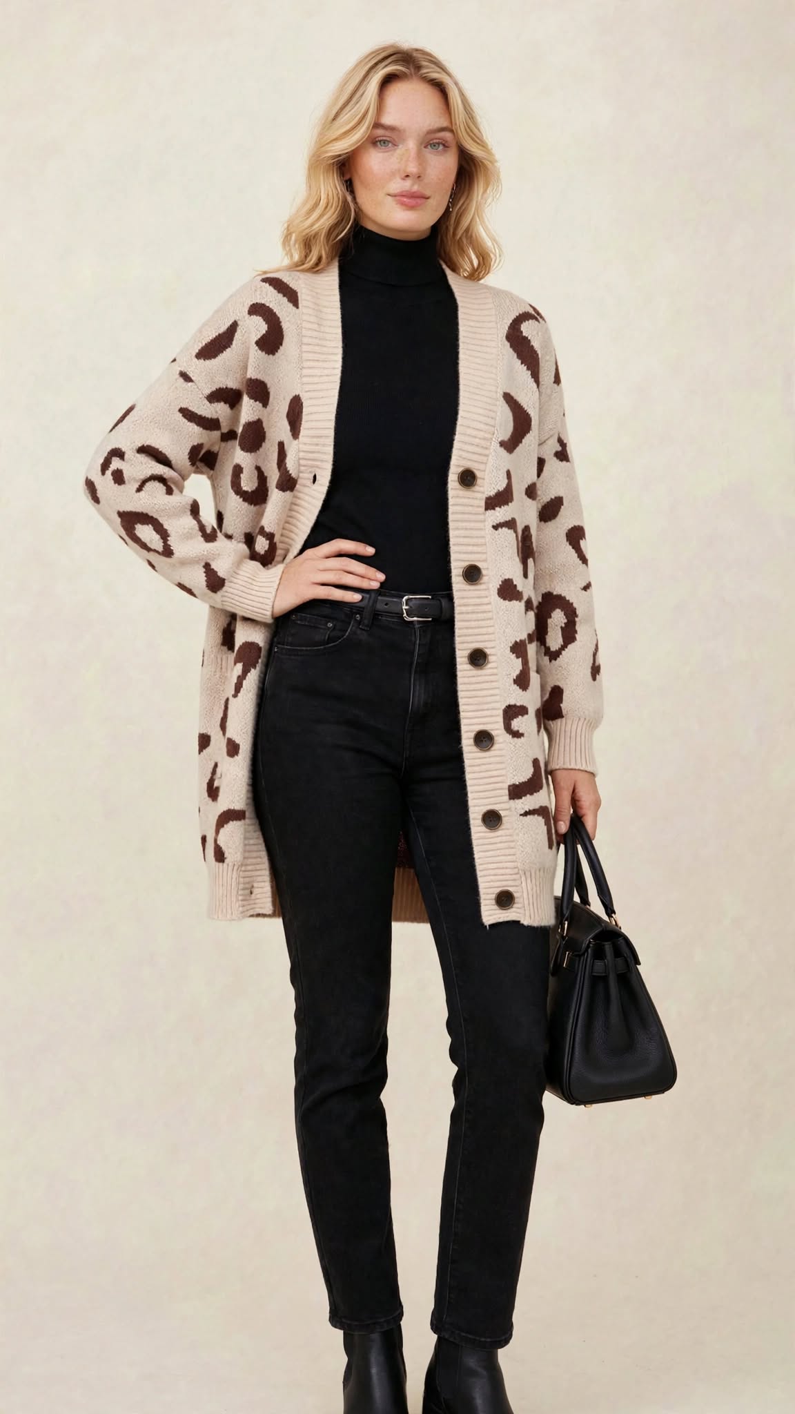 Gilet Long Oversize en Maille à Motif Léopard et Boutons Contrastants