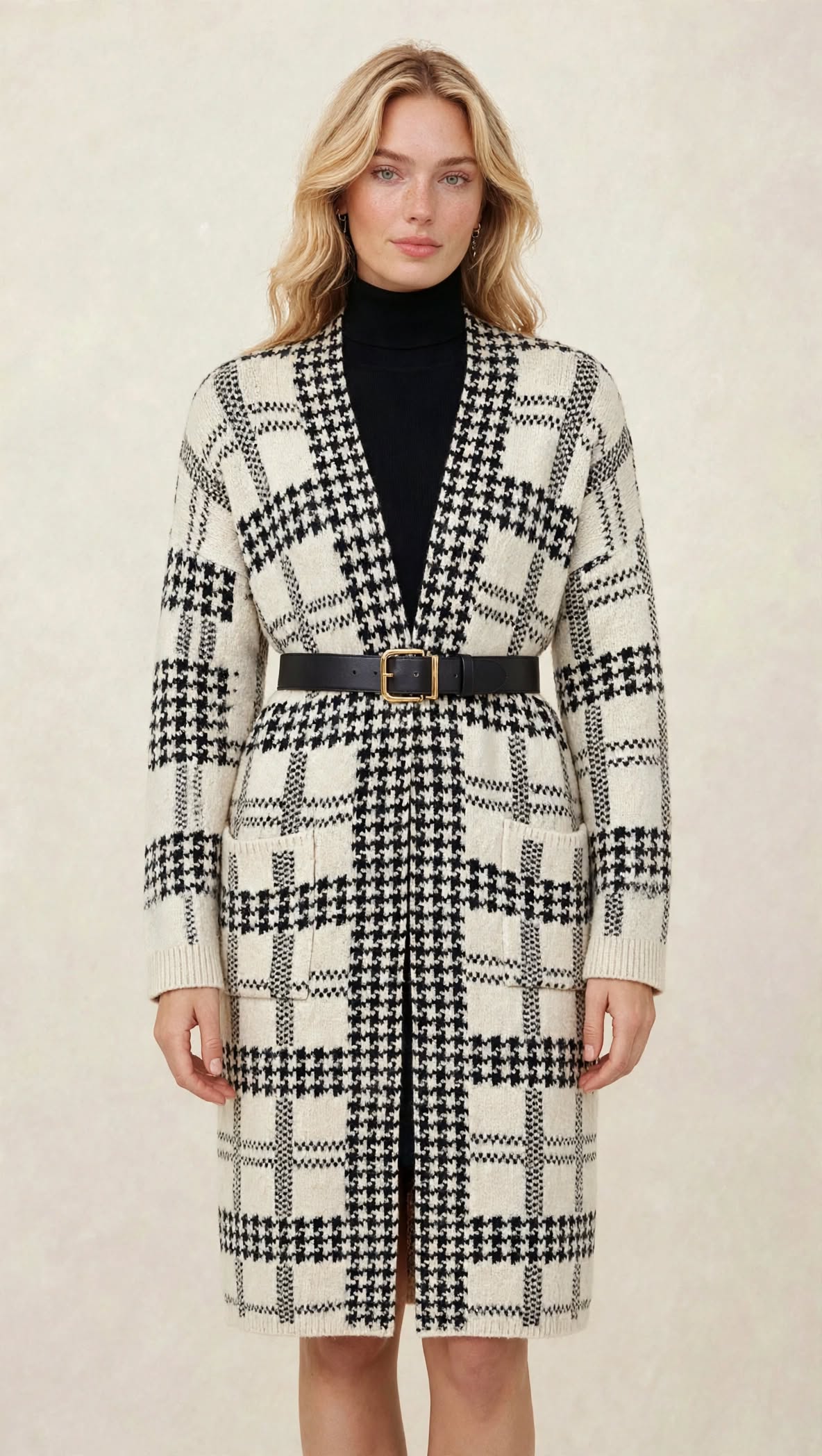 Gilet Long en Maille à Motif Géométrique et Poches Plaquées