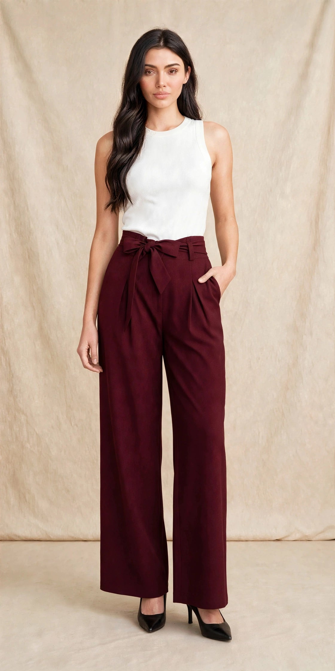 Pantalon palazzo ample à nouer à la taille style chic