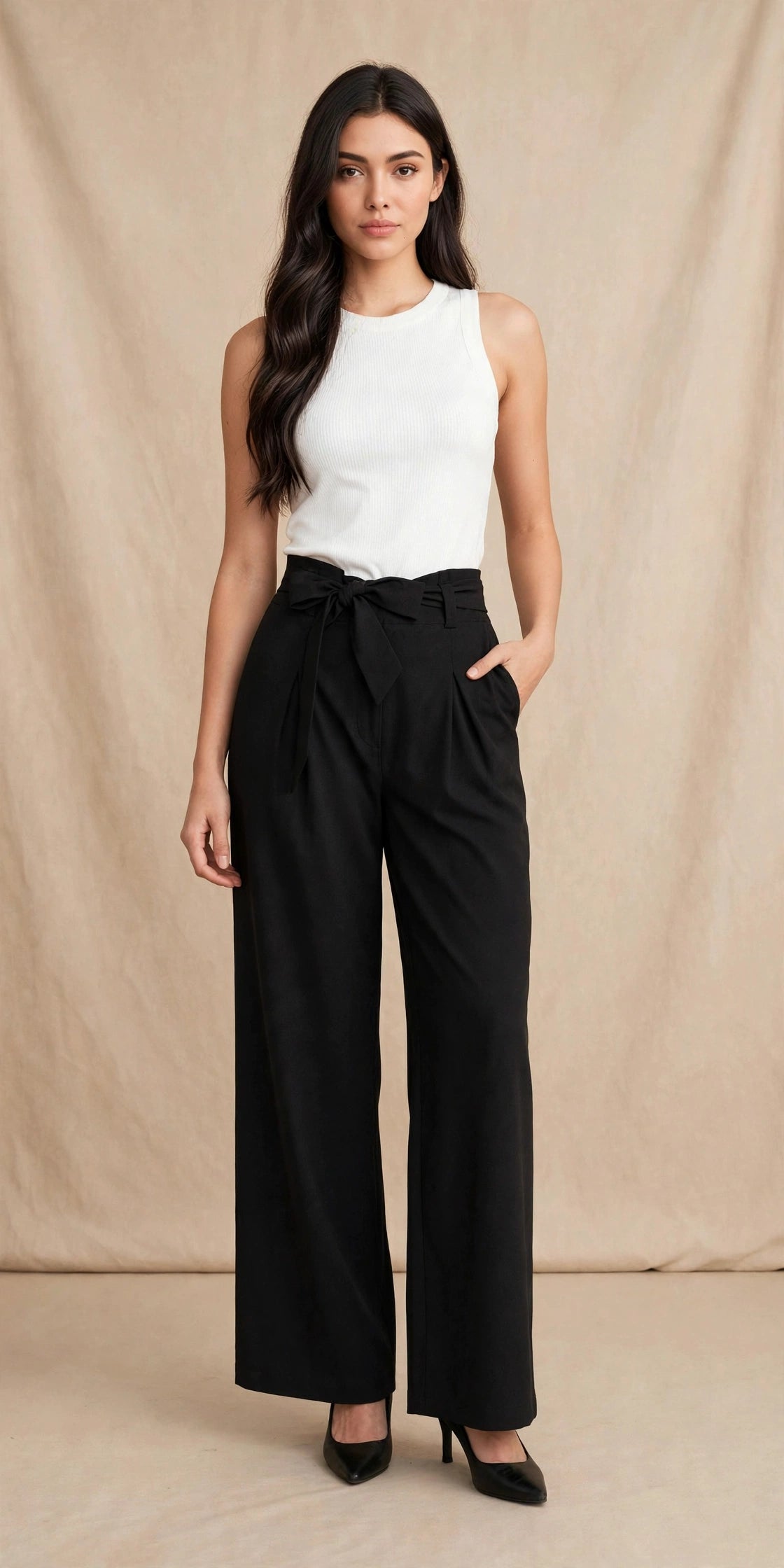 Pantalon palazzo ample à nouer à la taille style chic