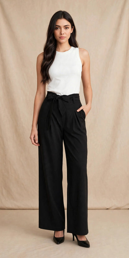Pantalon palazzo ample à nouer à la taille style chic