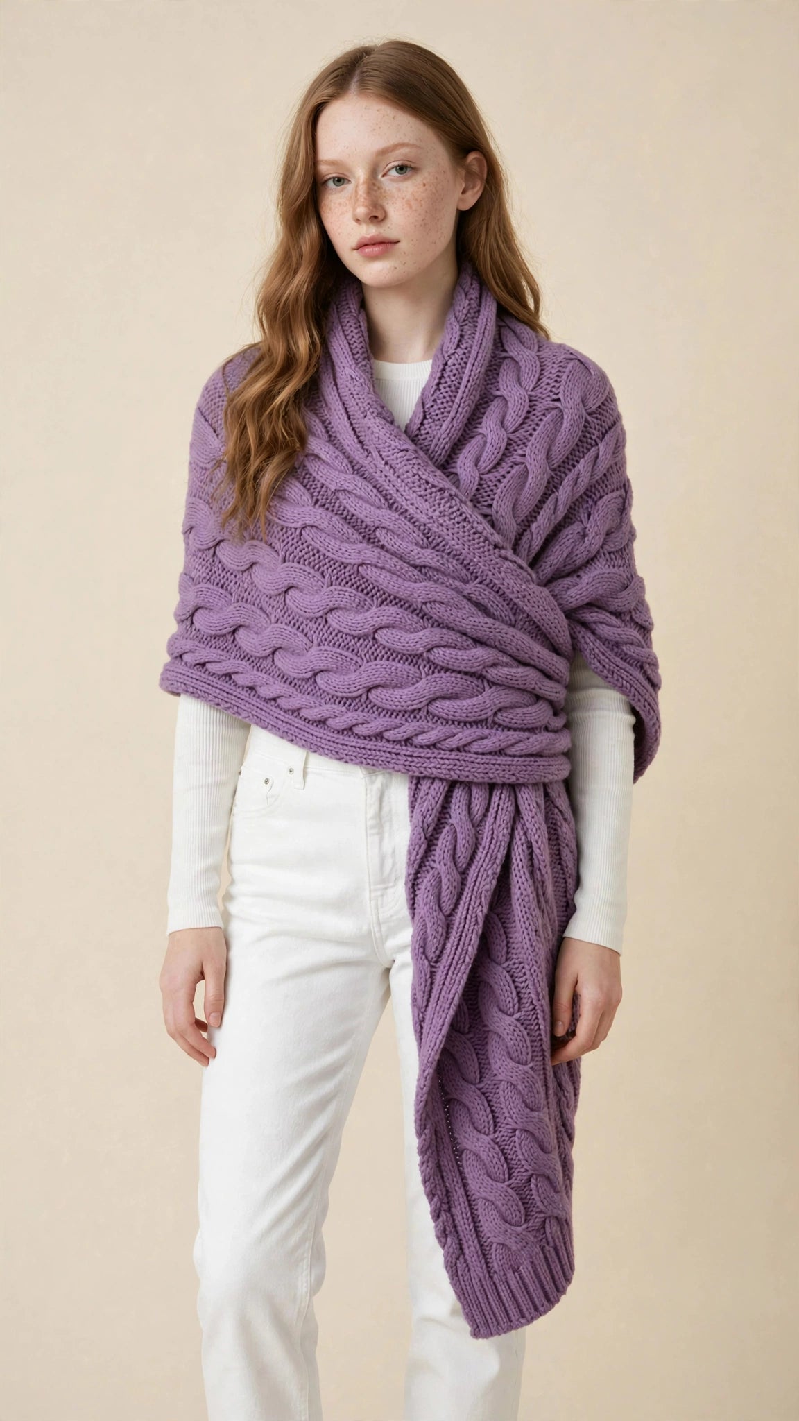 Châle Écharpe Croisé en Maille Torsadée avec Passant pour Femme