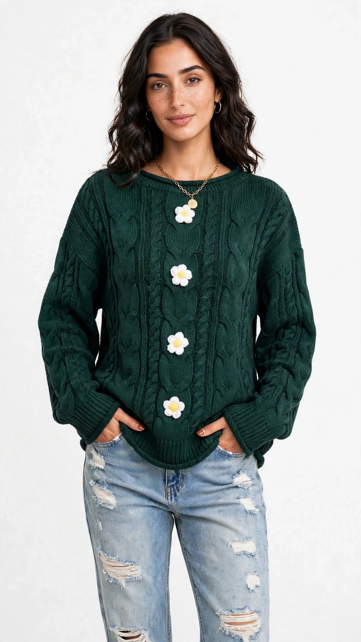 Pull en Maille Torsadée avec Fleurs en Relief