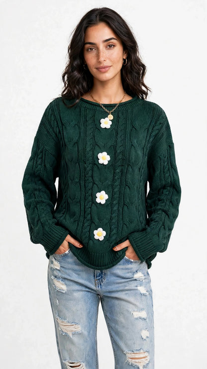 Pull en Maille Torsadée avec Fleurs en Relief