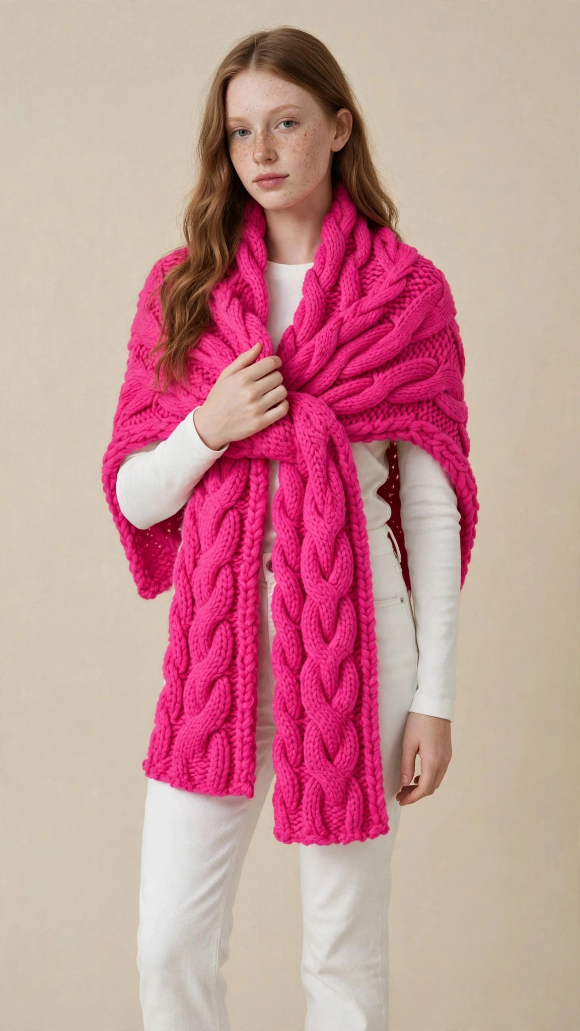Châle Écharpe Croisé en Maille Torsadée avec Passant pour Femme