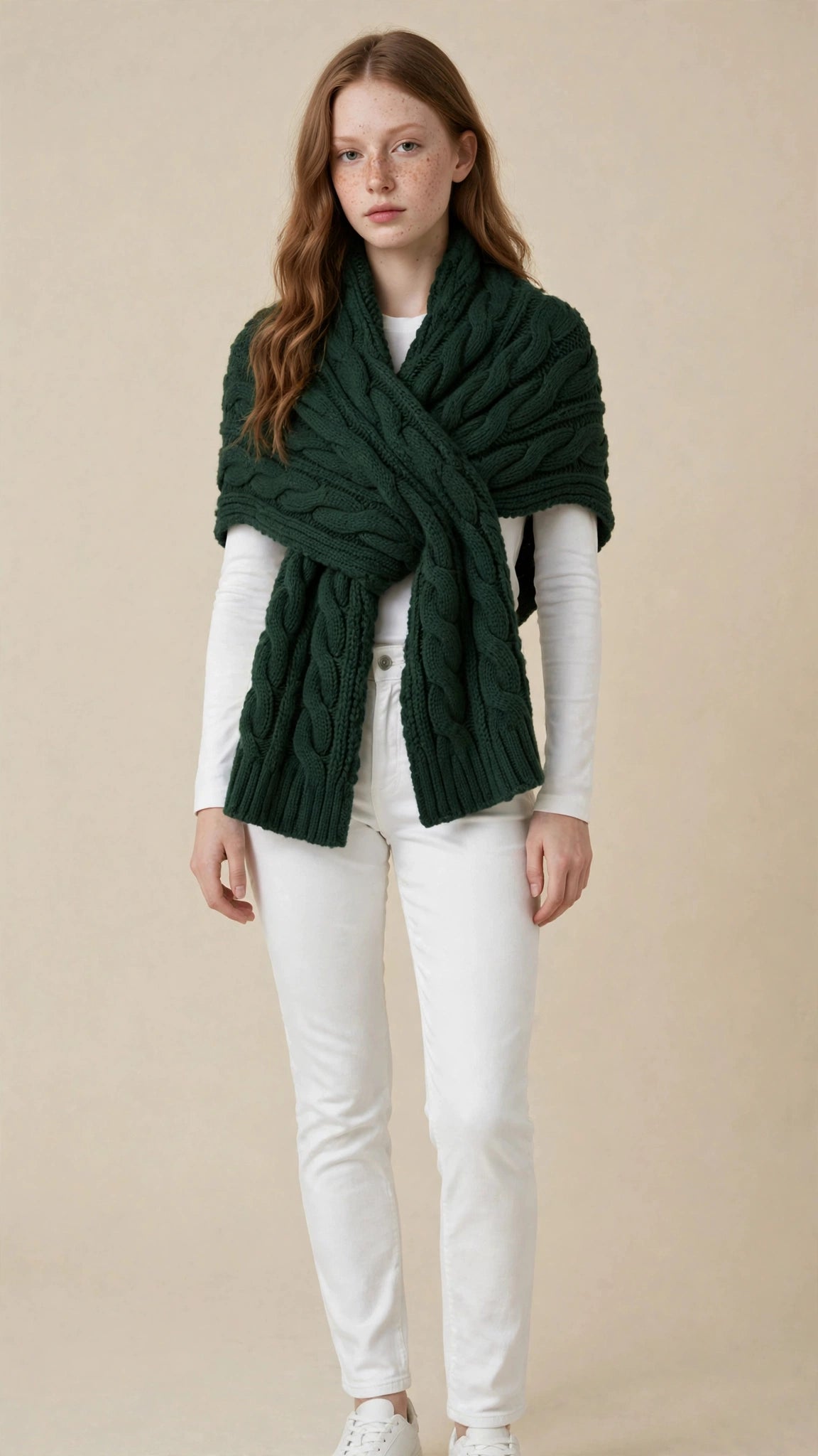 Châle Écharpe Croisé en Maille Torsadée avec Passant pour Femme
