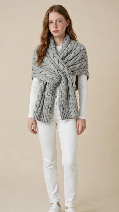 Châle Écharpe Croisé en Maille Torsadée avec Passant pour Femme