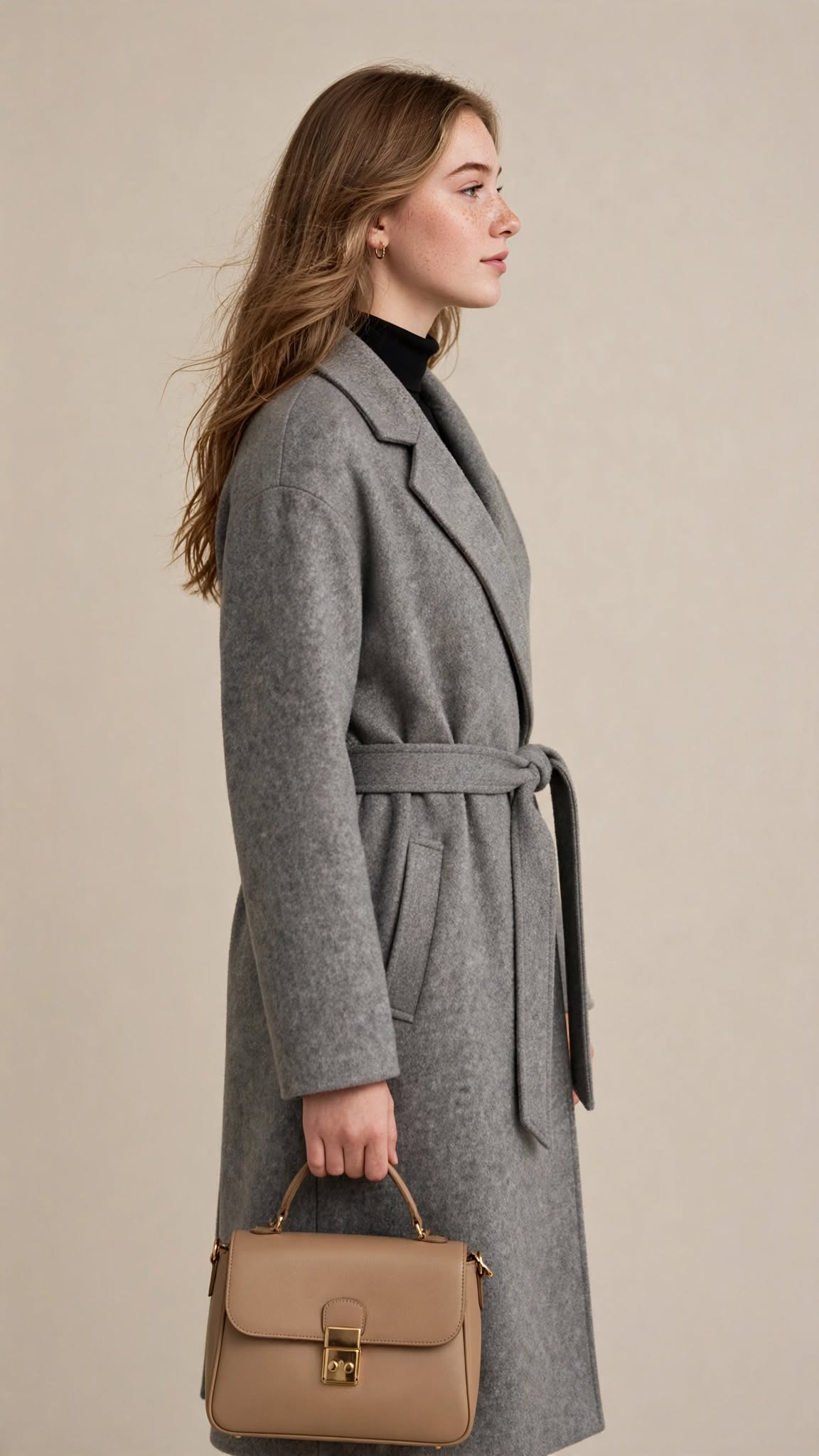 Manteau Mi-Long Ceinturé en Laine avec Grand Col Revers Élégant