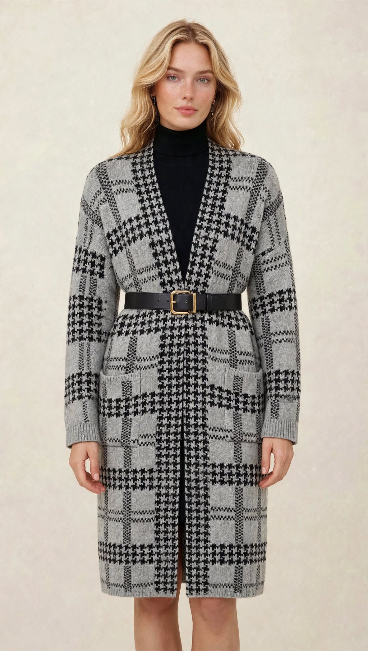 Gilet Long en Maille à Motif Géométrique et Poches Plaquées