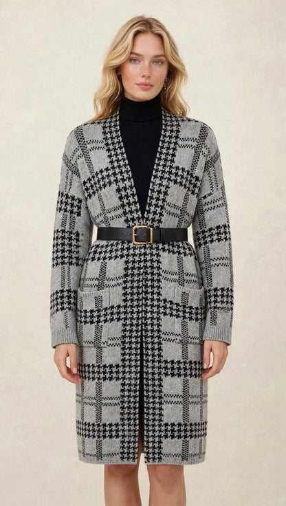 Gilet Long en Maille à Motif Géométrique et Poches Plaquées