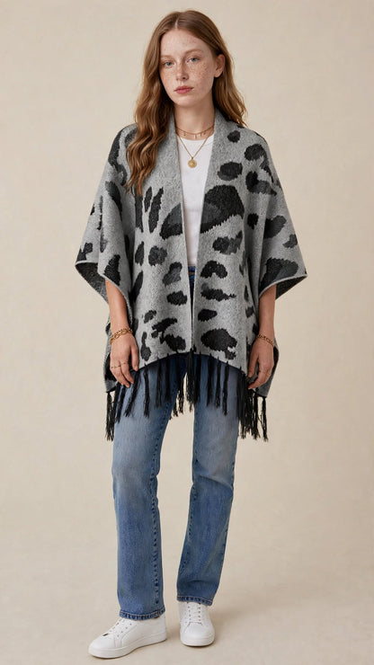 Châle Poncho Tricoté à Franges – Motif Tendance & Confort Douillet