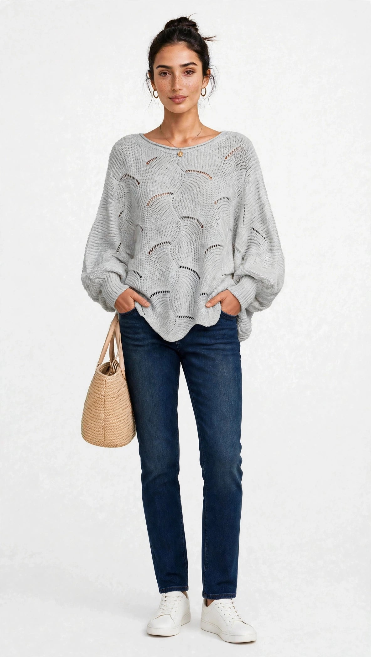 Pull Oversize en Maille Ajourée à Manches Ballon