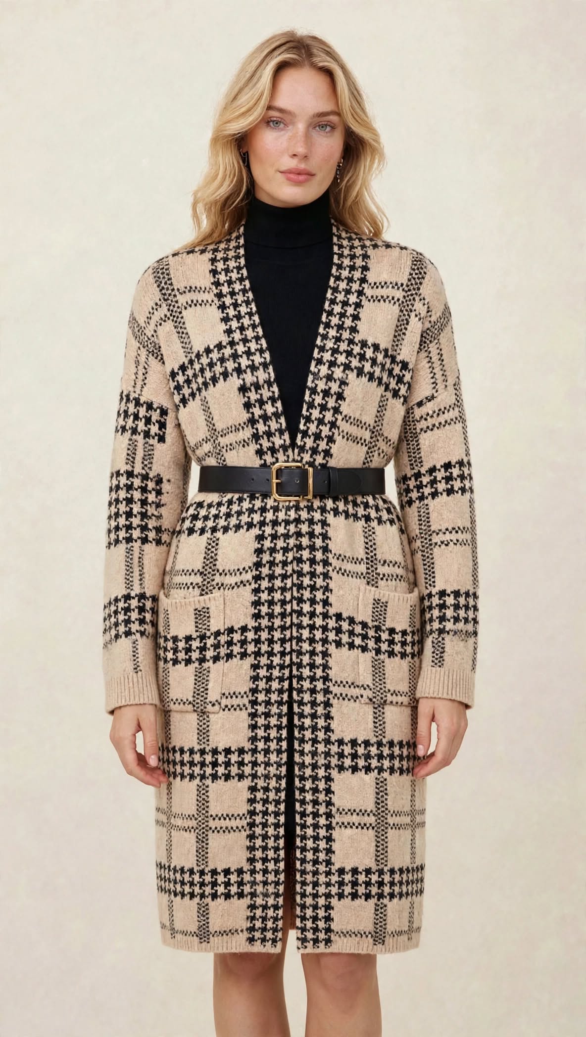 Gilet Long en Maille à Motif Géométrique et Poches Plaquées