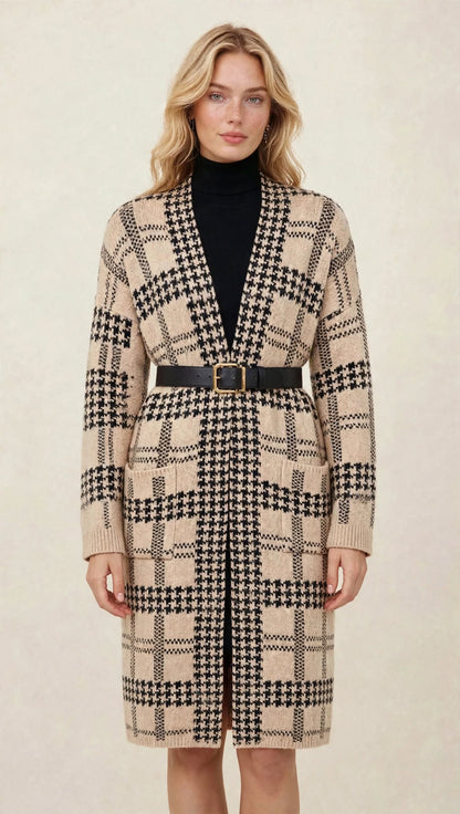 Gilet Long en Maille à Motif Géométrique et Poches Plaquées
