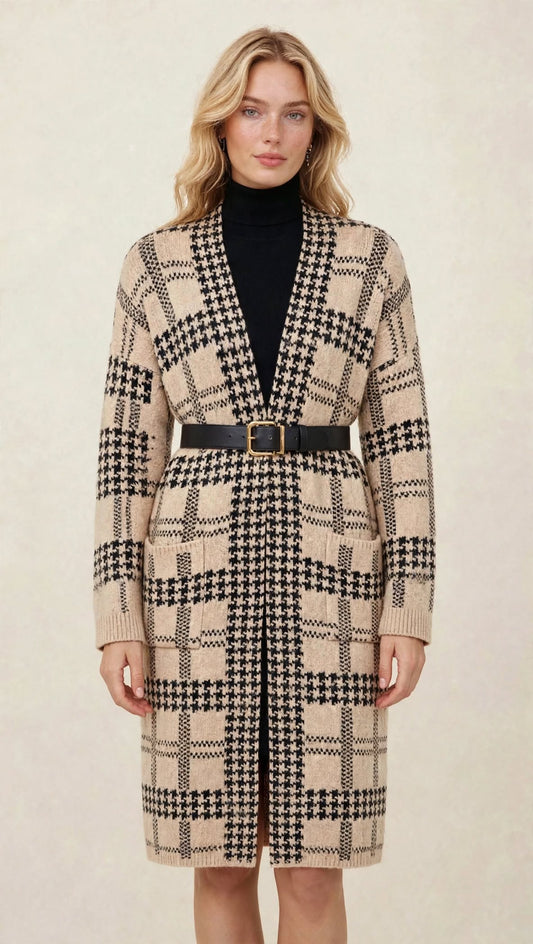 Gilet Long en Maille à Motif Géométrique et Poches Plaquées