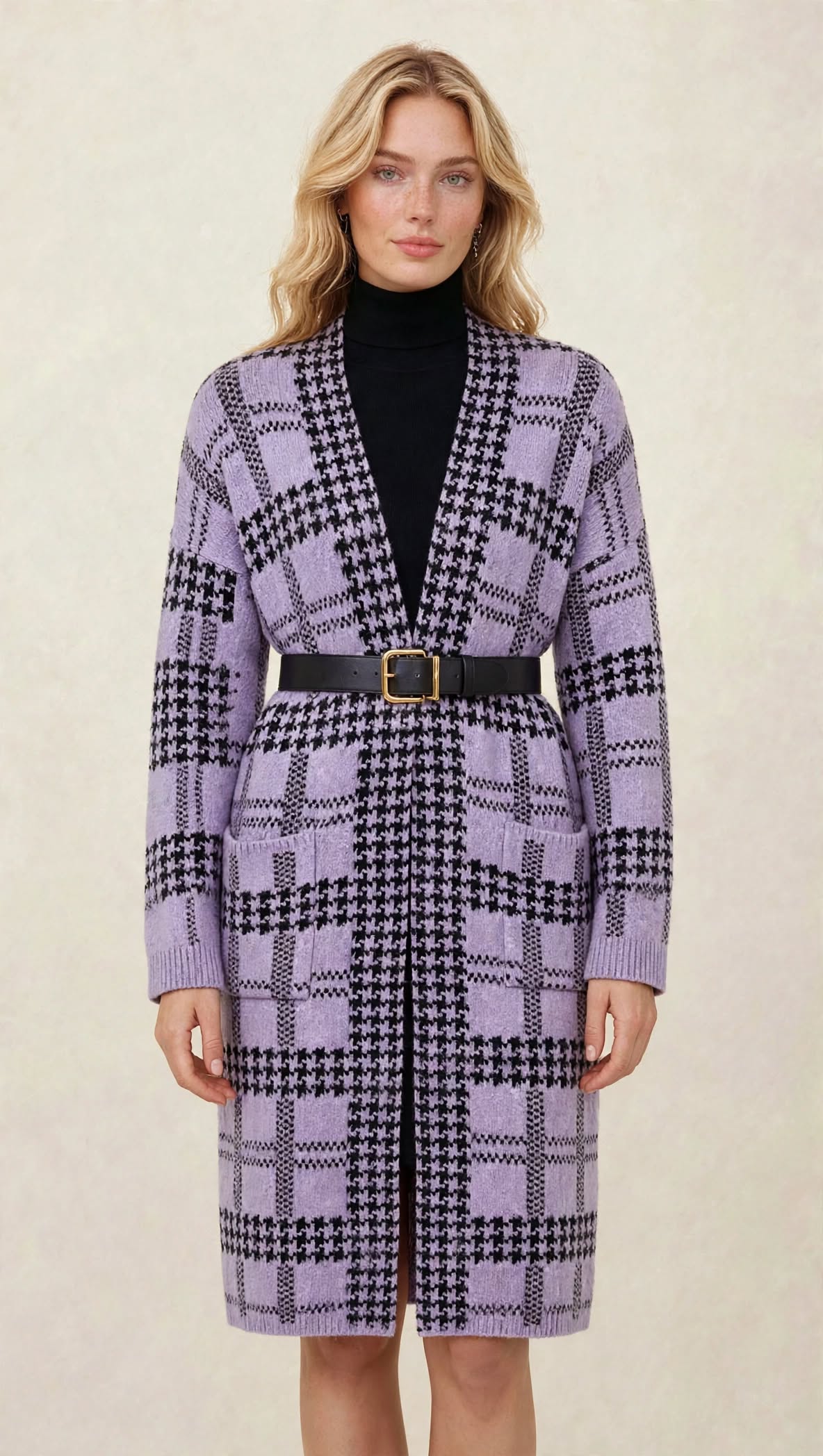Gilet Long en Maille à Motif Géométrique et Poches Plaquées