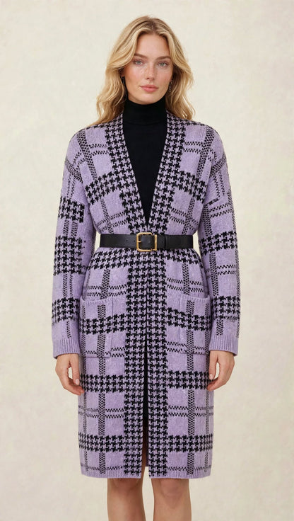 Gilet Long en Maille à Motif Géométrique et Poches Plaquées