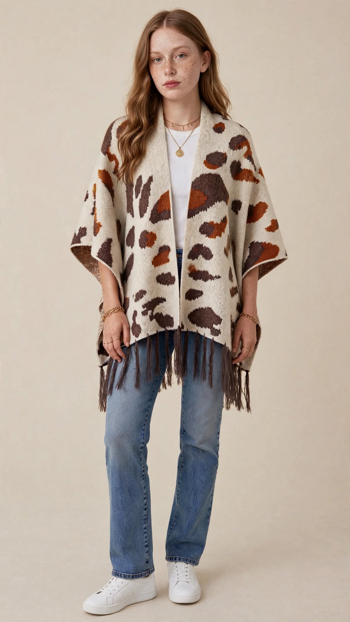 Châle Poncho Tricoté à Franges – Motif Tendance & Confort Douillet