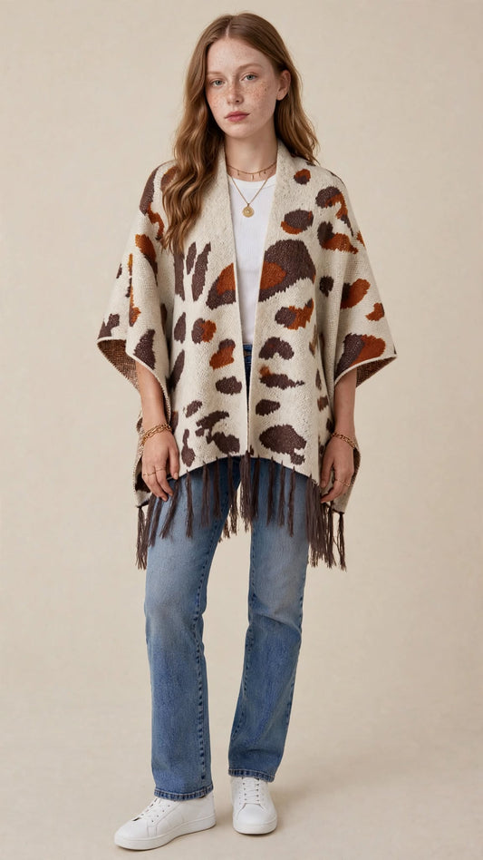 Châle Poncho Tricoté à Franges – Motif Tendance & Confort Douillet
