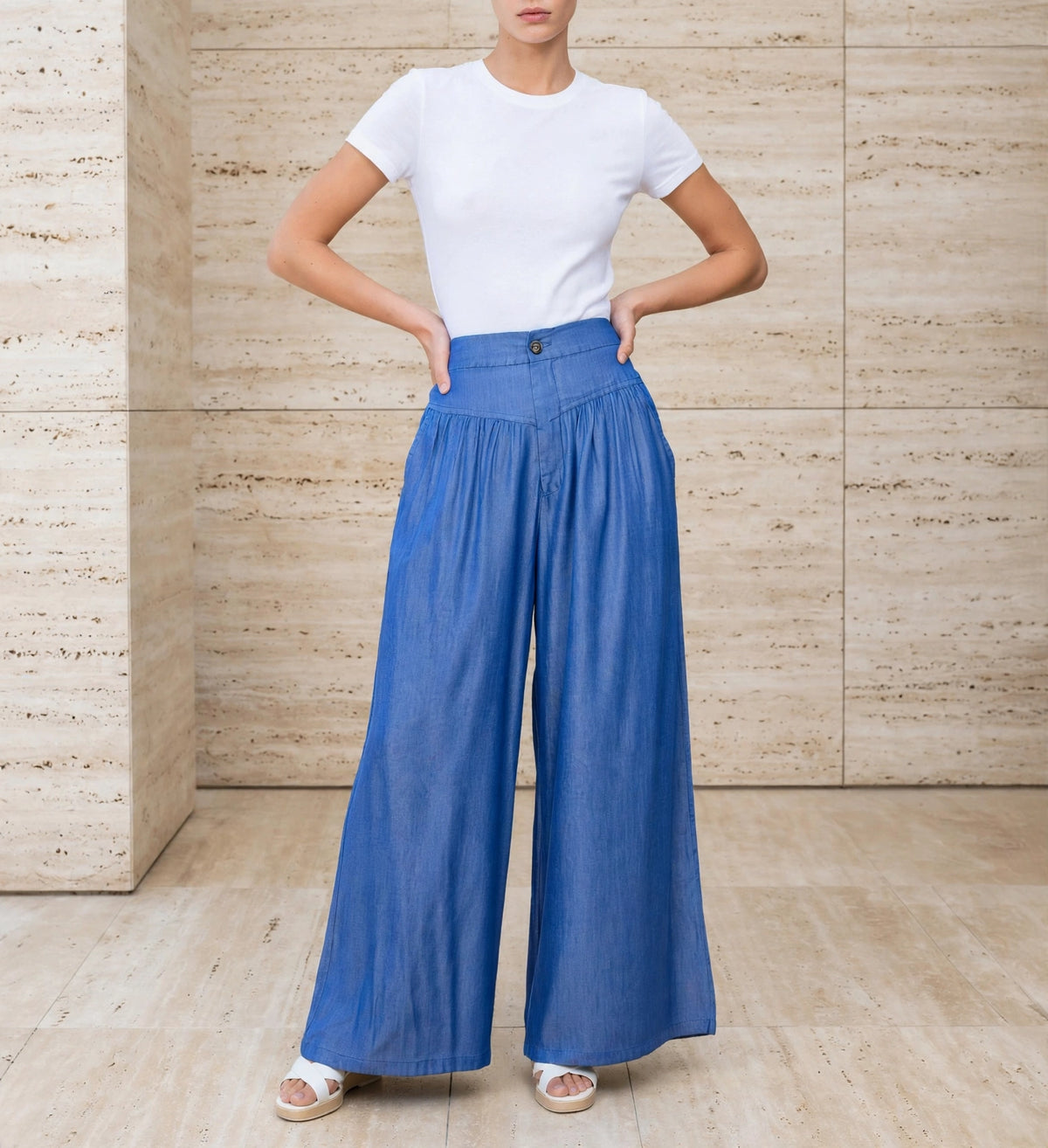 Pantalon large rayé à taille haute esprit casual