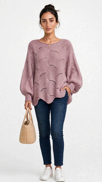 Pull Oversize en Maille Ajourée à Manches Ballon