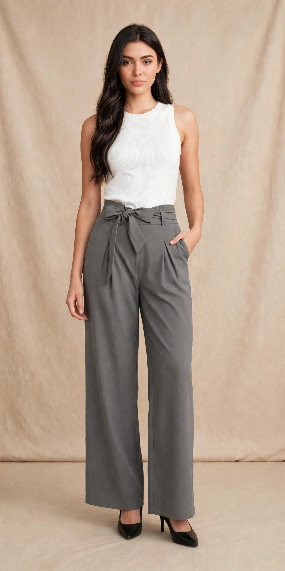 Pantalon palazzo ample à nouer à la taille style chic