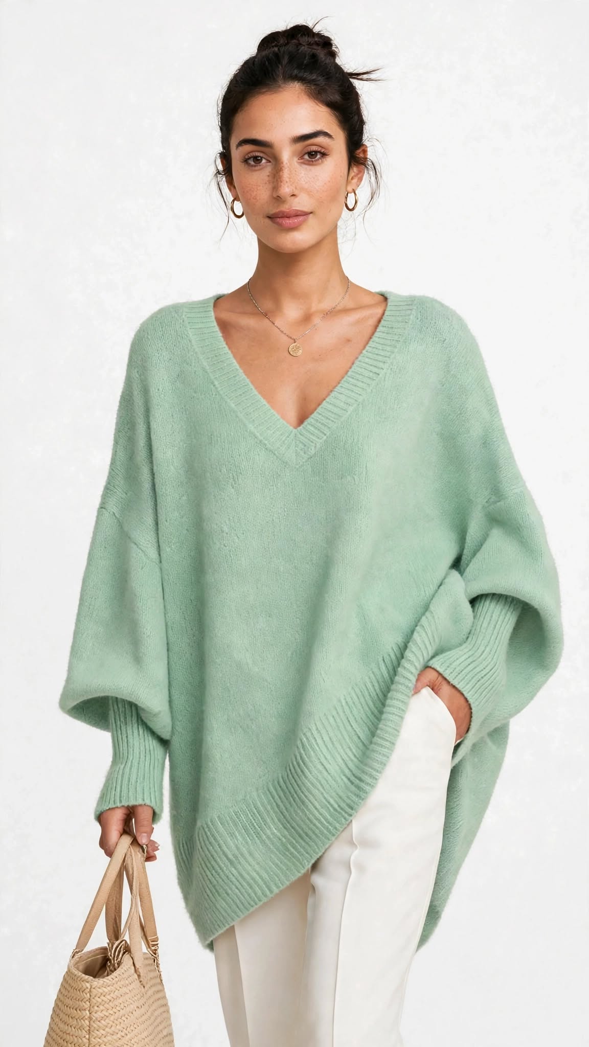 Pull Ample en Maille à Col V Évasé
