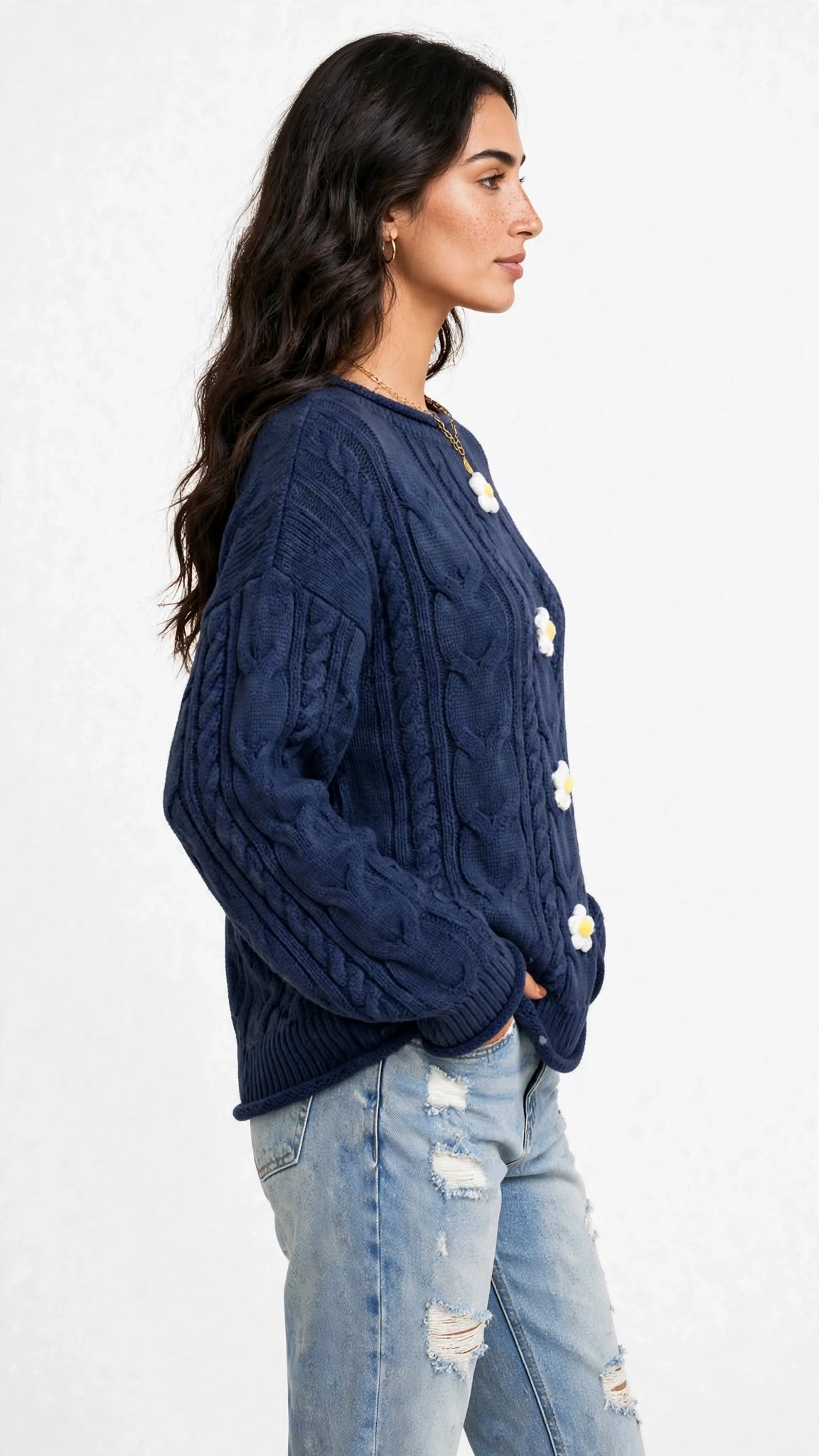 Pull en Maille Torsadée avec Fleurs en Relief