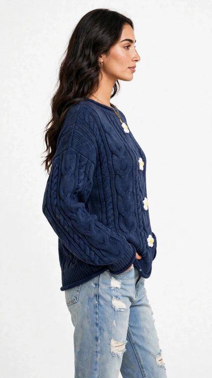 Pull en Maille Torsadée avec Fleurs en Relief