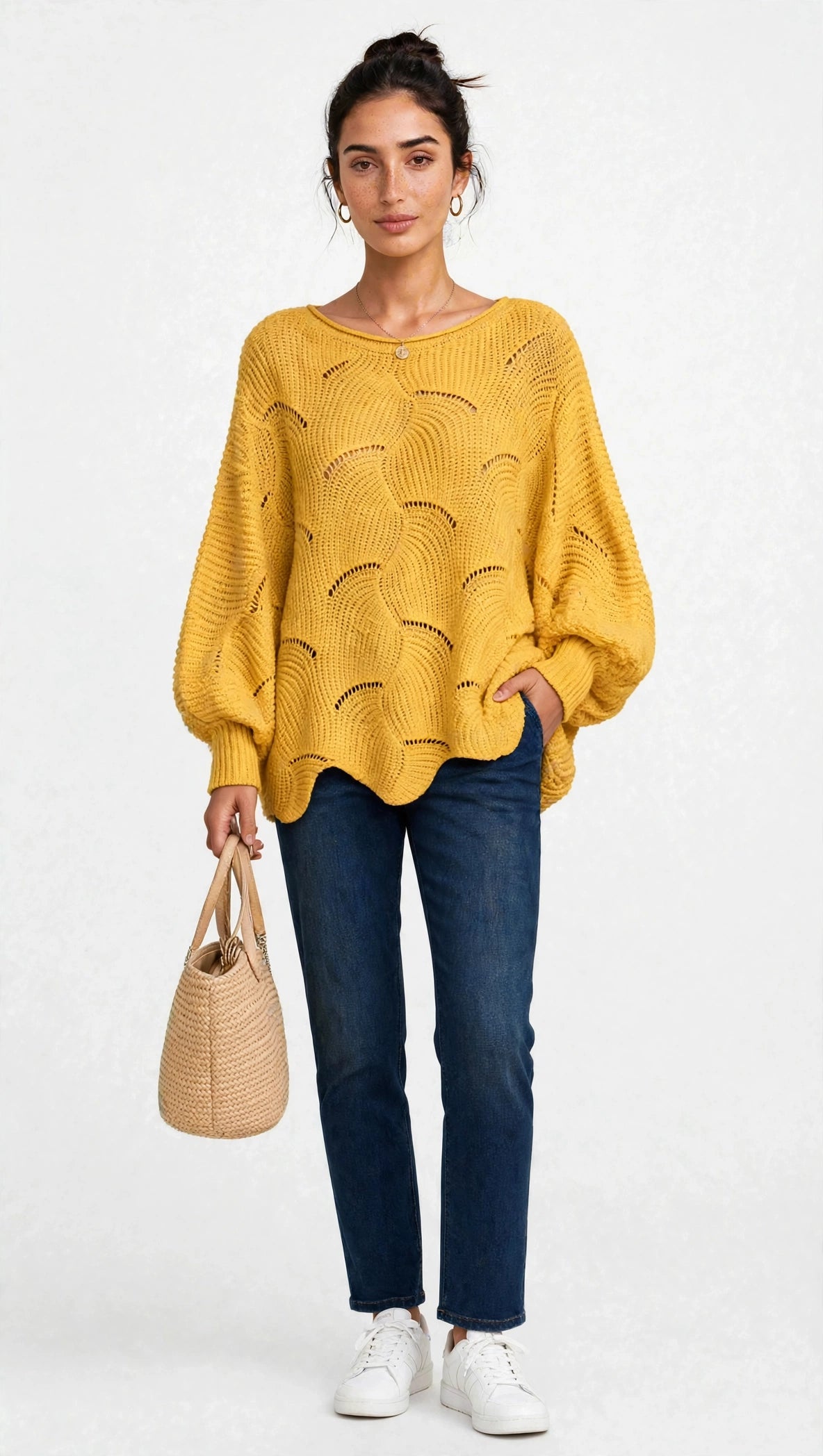 Pull Oversize en Maille Ajourée à Manches Ballon
